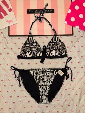 VS PINK VINTAGE Y2K BIKINI SET SWIMSUIT BLACK & WHITE ALL OVER LOVE LOGO BLING L